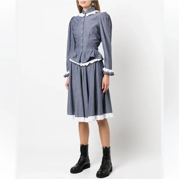 NWOT Batsheva Shirley Broderie Anglaise Cotton Eyelet Lace Chambray Peplum Skirt - Picture 15 of 17